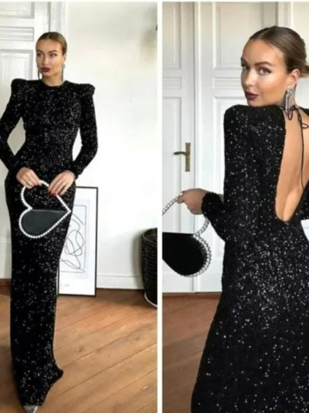 Zara Sequin Long Sleeve Elegant Shoulder Pad Black Long Dress Gown XS